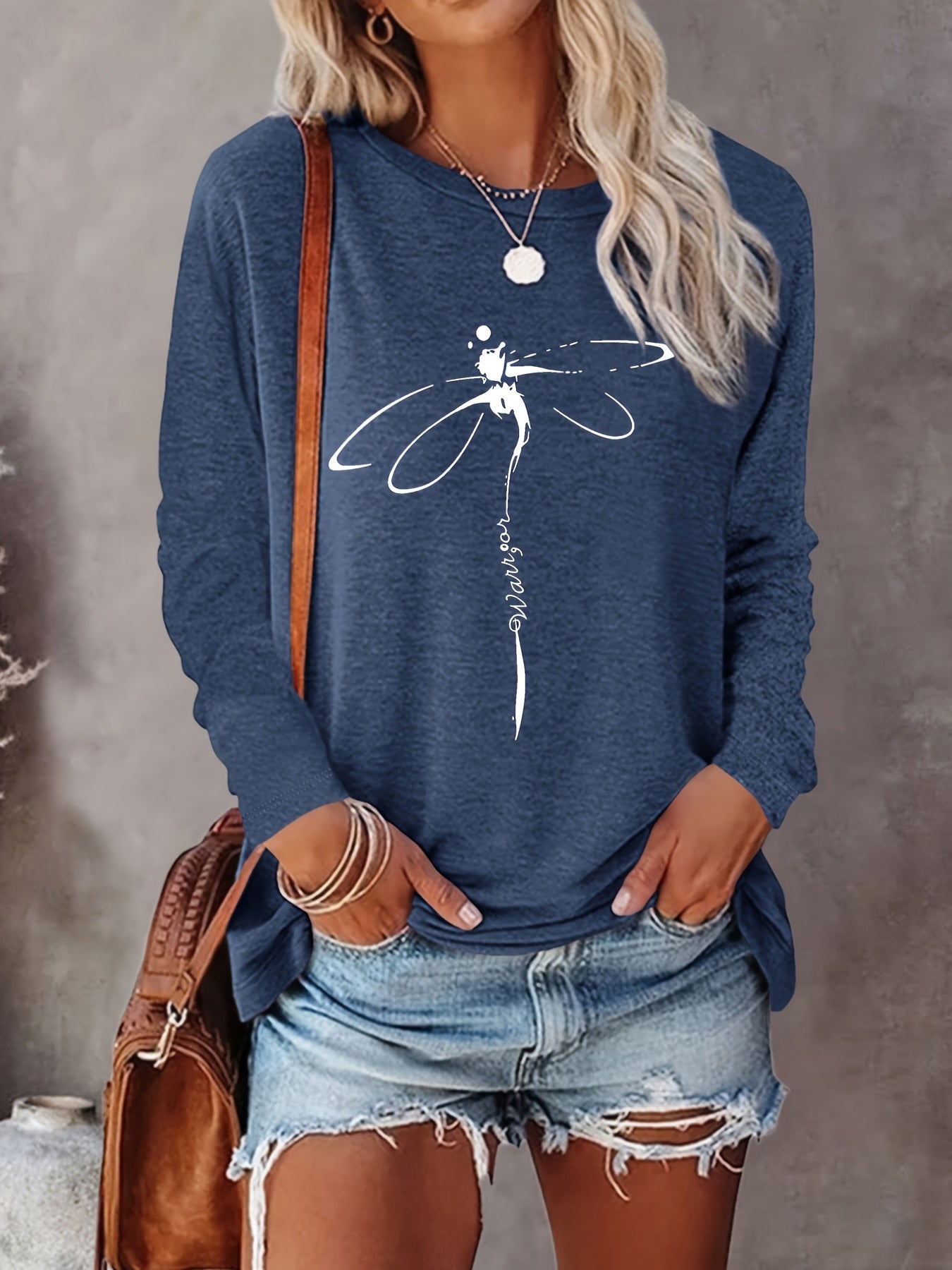 vlovelaw Dragonfly Print Crew Neck Pullover Sweatshirt, Casual Long Sleeve Sweatshirt For Spring & Fall, Women's Clothing