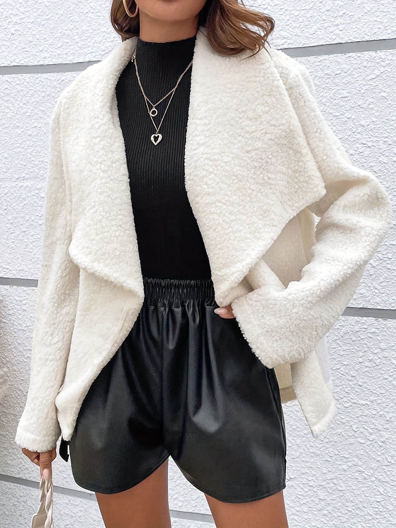 vlovelaw  Fuzzy Waterfall Collar Coat, Casual Open Front Long Sleeve Warm Outerwear, Women's Clothing