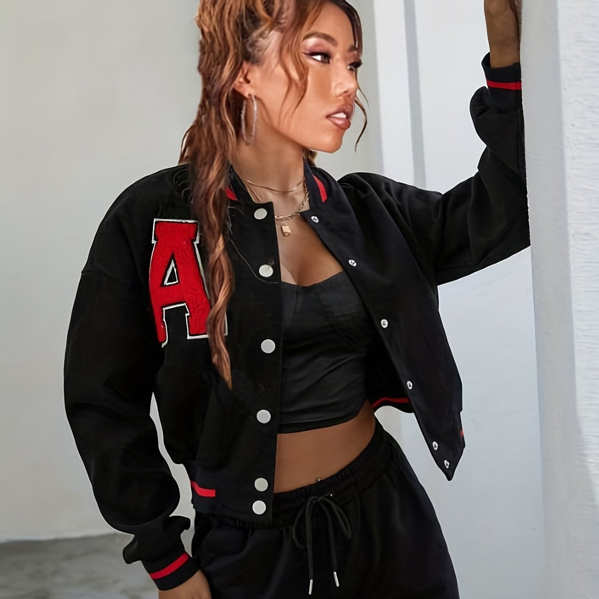 vlovelaw  Alphabets Varsity Jacket, Casual Crop Button Front Jacket, Women's Clothing