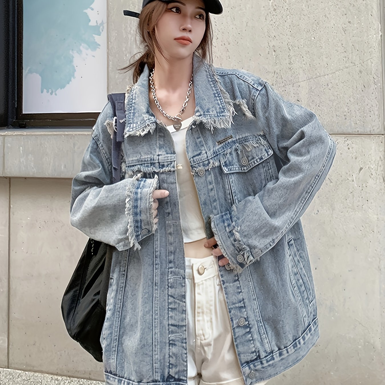 Blue Ripped Holes Lapel Denim Coat, Long Sleeves Raw Trim Chic Denim Jacket, Women's Denim Clothing