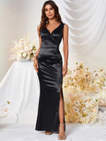 Solid V Neck Dress, Elegant Sleeveless Split Bodycon Dress For Party & Banquet, Women's Clothing