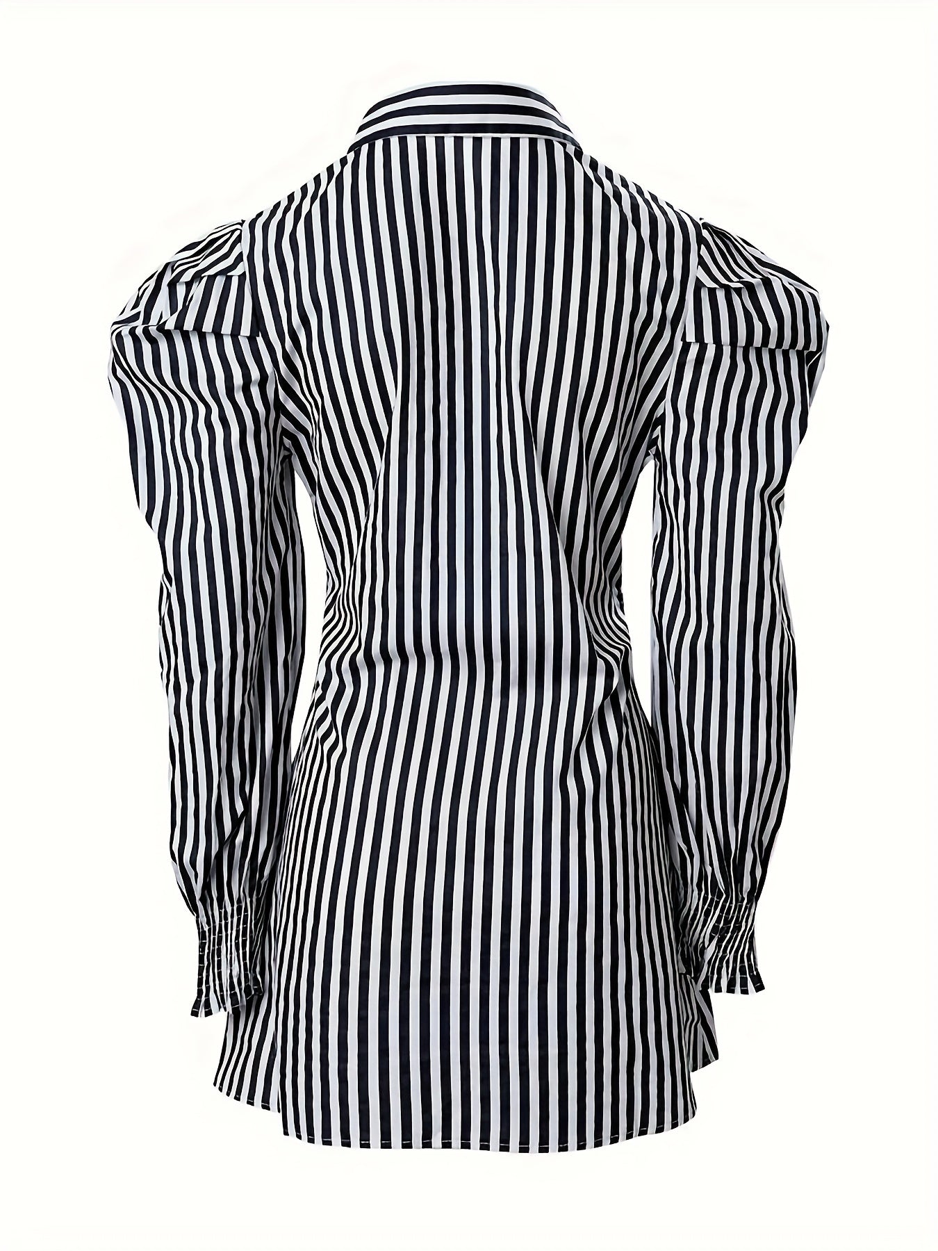 vlovelaw  Striped Print Mini Dress, Casual Button Front Puff Long Sleeve Dress, Women's Clothing