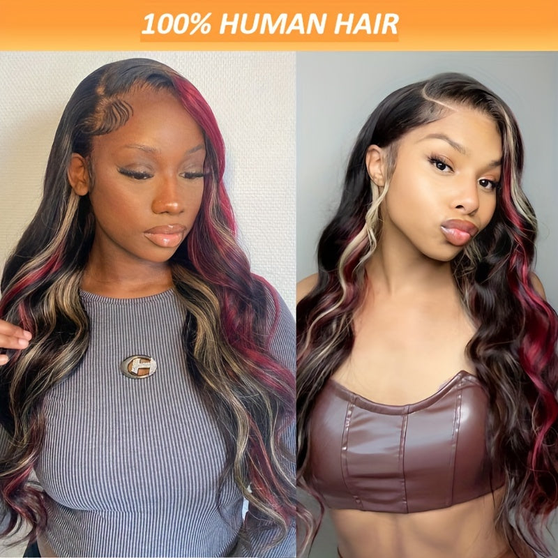 UNice Hair Burgundy With Blonde Highlights 13x4 Lace Front Wig Human Hair Loose Wave Wig Black With Red & Blonde Wavy Wigs 150%