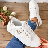 vlovelaw  Women's Quilted Skate Shoes, Metallic Buckle Decor Low Top Flat Sneakers, Casual White Walking Trainers