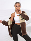 Color Block Zip Up Jacket, Casual Long Sleeve Letter Pattern Outerwear, Women's Clothing