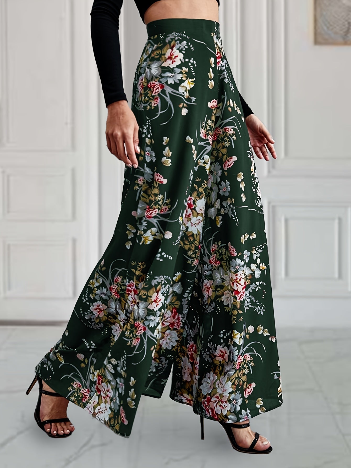 vlovelaw  Floral Print Wide Leg Pants, Elegant High Waist Flowy Pants, Women's Clothing