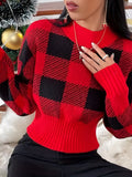 vlovelaw  Plaid Crew Neck Pullover Sweater, Casual Long Sleeve Fall Winter Sweater, Women's Clothing