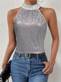 vlovelaw  Sequined Tie Back Halter Top, Elegant Sleeveless Top For Summer, Women's Clothing