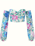 vlovelaw  Floral Print Off Shoulder Crop Blouse, Vintage Cross Tie Back Blouse For Spring & Fall, Women's Clothing