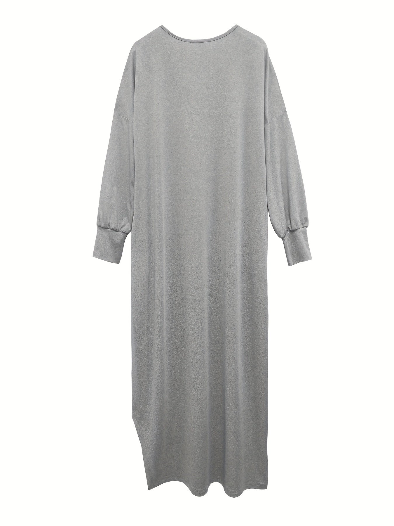 Solid Simple Dress, Casual V Neck Long Sleeve Split Dress, Women's Clothing