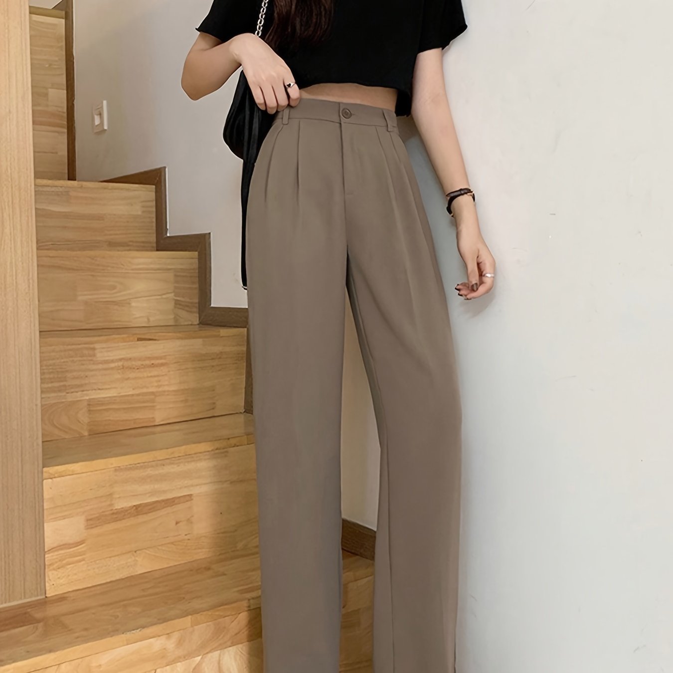 vlovelaw  Solid Draped Straight Leg Pants, Casual Button High Waist Pleated Pants, Women's Clothing