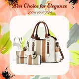 3PCS  New Design Stripe Pattern Canvas Tote Bag Set - Zipper Closure, Premium PU Leather Top Handle, Detachable Clutch, Card Holder, Polyester Lining, Perfect for Ladies Work, Teacher, and Occasional Use