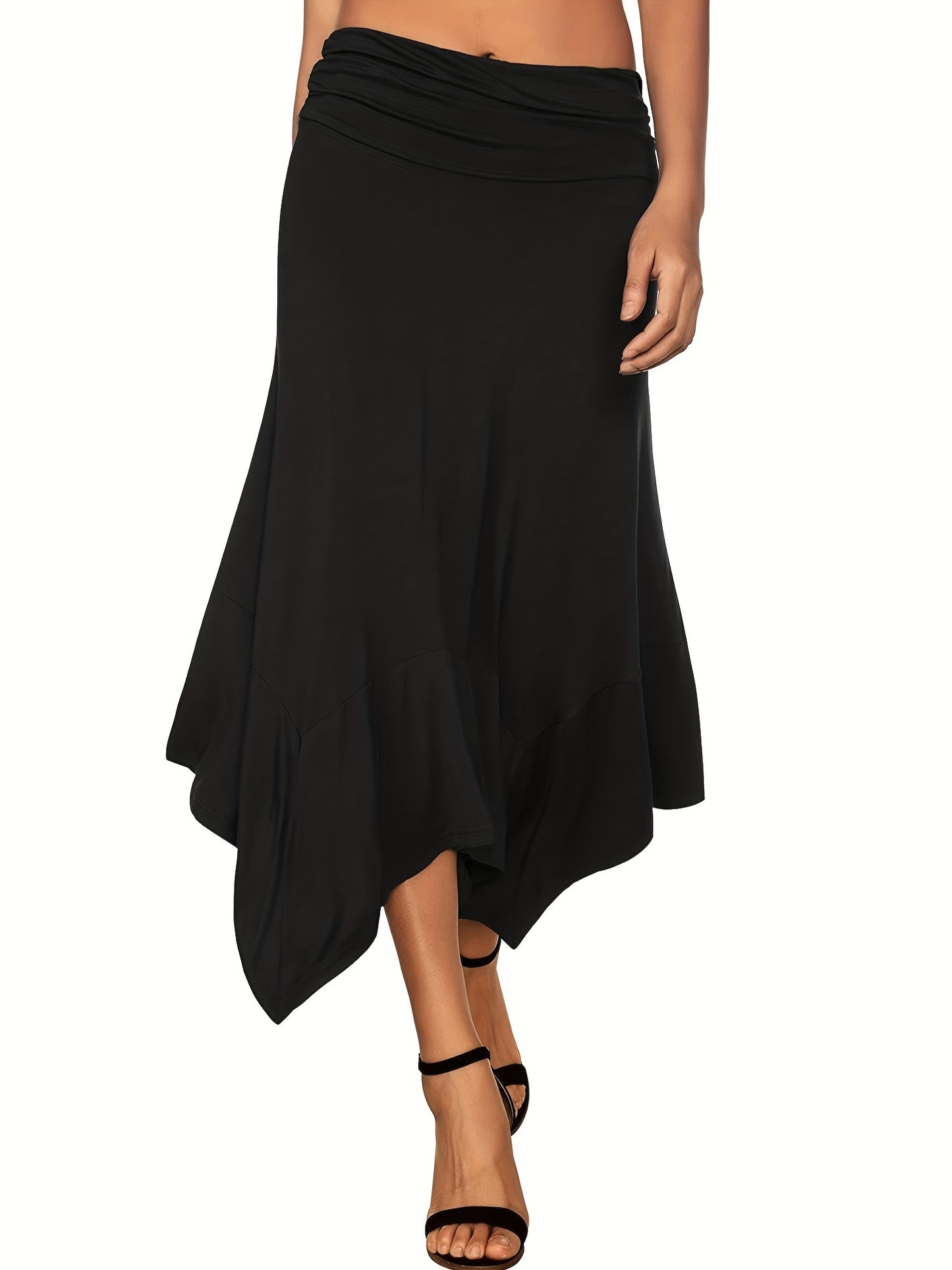 Solid Asymmetrical Hem Skirts, Casual Ruched Midi Skirts, Women's Clothing