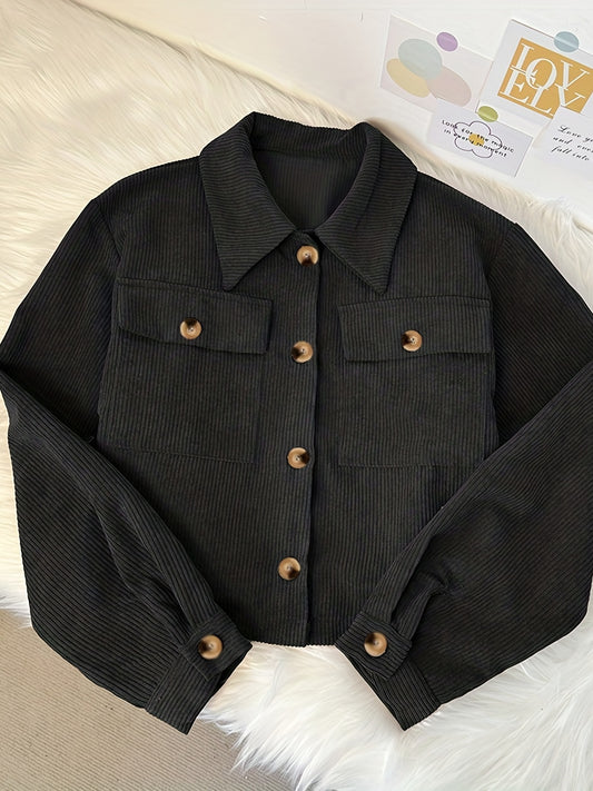 Flap Pockets Corduroy Crop Jacket, Casual Long Sleeve Jacket For Fall & Winter, Women's Clothing