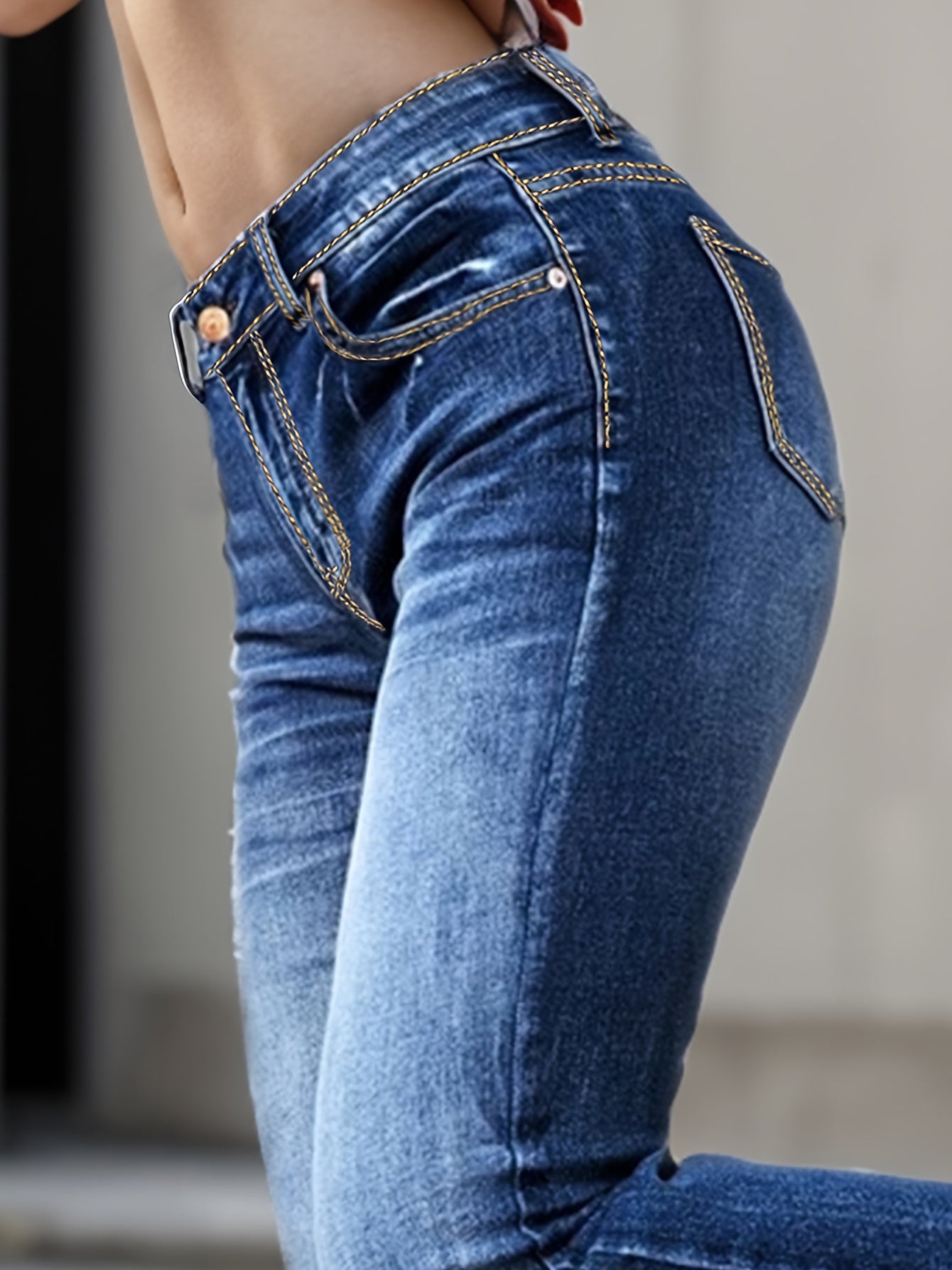 vlovelaw  Leisure Bell Bottom Jeans, High Stretch Slim Fitted Denim Pants With Slant Pocket, Women's Denim Jeans & Clothing