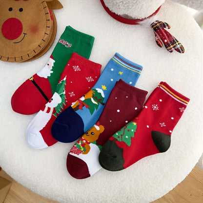 2/5 Pairs Of Girl's Christmas Style Funny Pattern Crew Socks, Comfy Breathable Casual Thermal Socks, Winter & Autumn