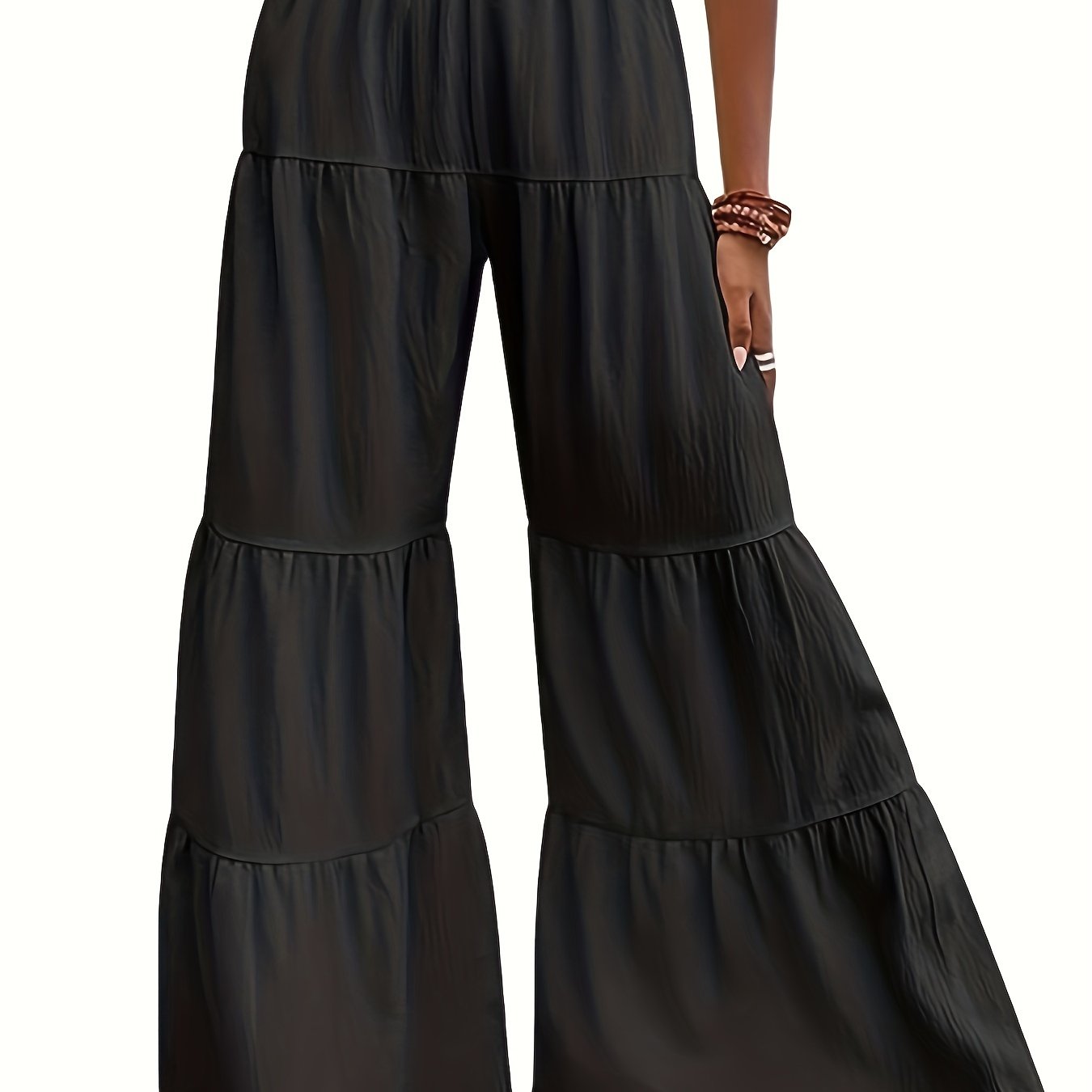 vlovelaw  Solid Elastic Waist Wide Leg Pants, Casual Ruffle Hem Pants For Spring & Fall, Women's Clothing