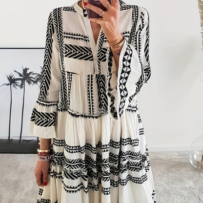 vlovelaw  Tribal Print Dress, Vacation Pleated Flared Sleeve Dress, Women's Clothing