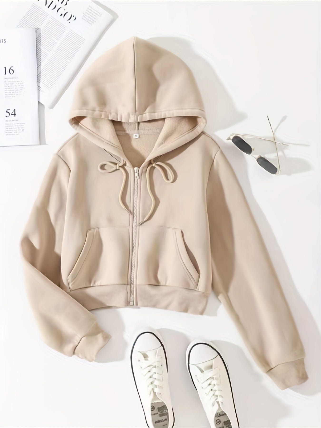 vlovelaw  Solid Drawstring Zip Up Thermal Lined Crop Hoodie Sweatshirt, Long Sleeve Pocket Front Sweatshirt, Women's Tops