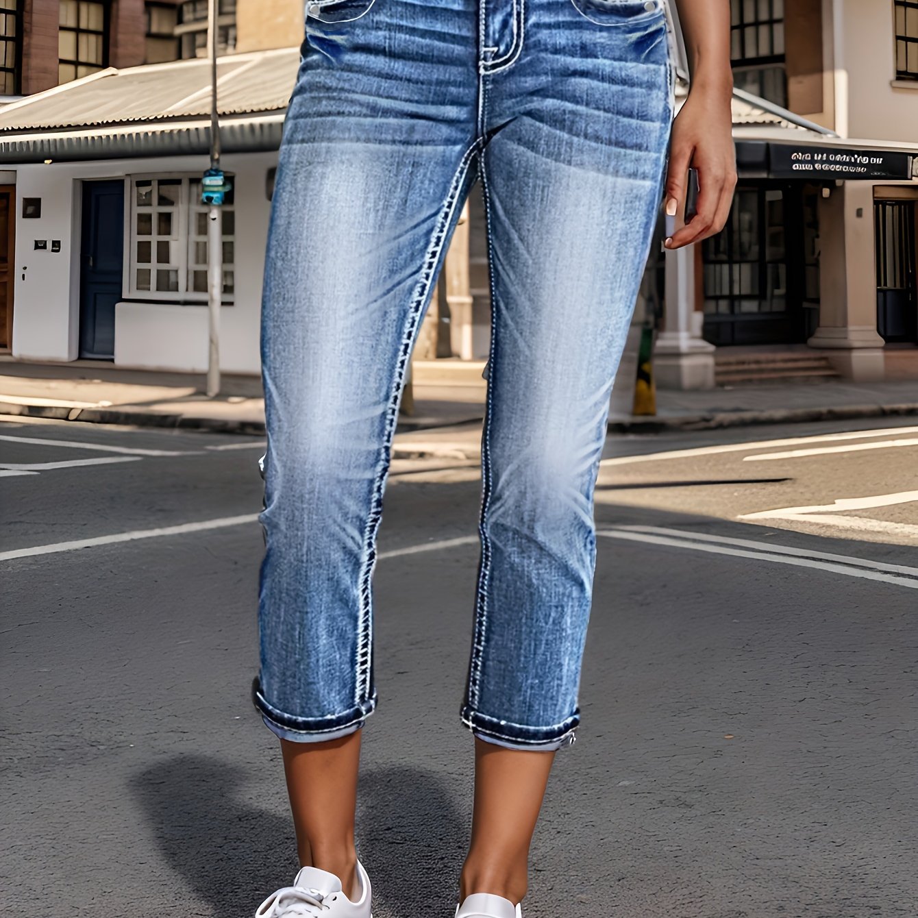 vlovelaw  Whiskering Ripped Slash Pocket Capri Jeans, Casual Retro Style Washed Blue Denim Pants, Women's Denim Jeans & Clothing