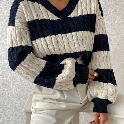 vlovelaw Color Block Cable Knit Sweater, Casual V Neck Long Sleeve Sweater, Women's Clothing