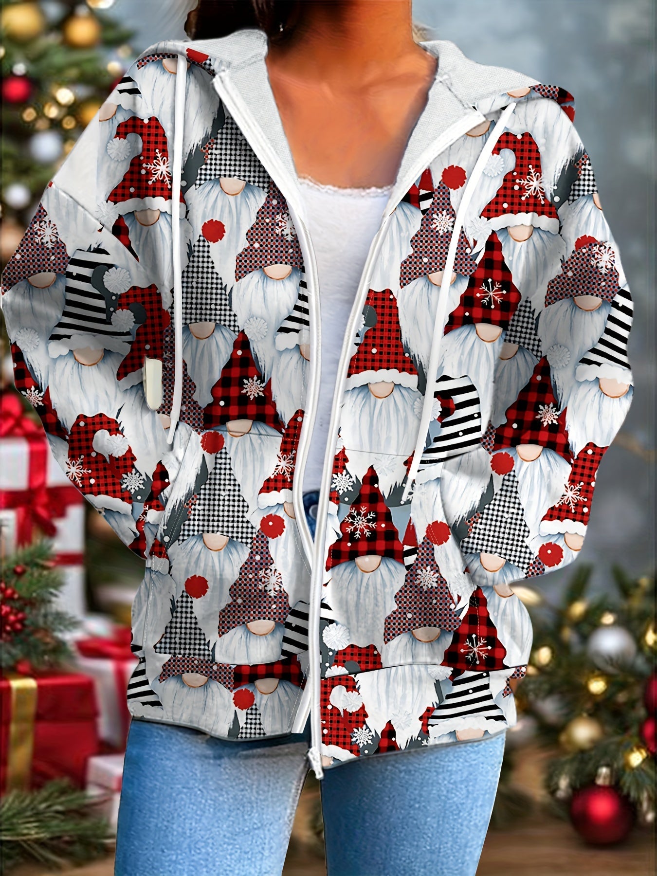 Women's Casual Hooded Zip-Up Hoodie with Santa Claus Print - 100% Polyester Knit Fabric, Festive Christmas Pattern, Long Sleeve Jacket for Spring, Summer, Fall