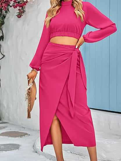 vlovelaw  Solid Color Two-piece Skirt Set, Mock Neck Long Sleeve Crop Top & Knotted Elastic Waist Skirt Outfits, Women's Clothing