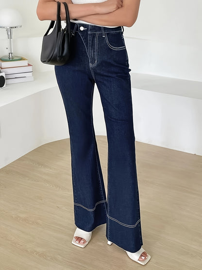 vlovelaw  Contrast Seam Stitching Asymmetric Button Waist Detail Flare Leg Jeans, Plain Dark Blue Medium Stretch Unique Denim Pants, Women's Denim Jeans & Clothing