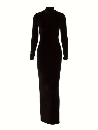 vlovelaw Velvet Mock Neck Dress, Elegant Long Sleeve Ruched Bodycon Dress, Women's Clothing