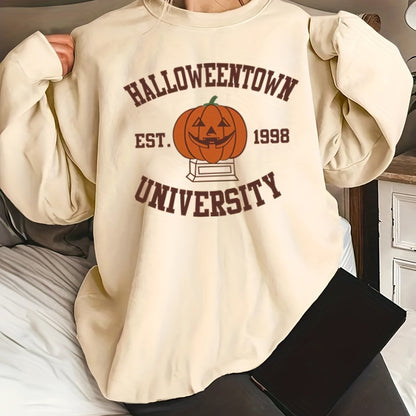 vlovelaw  Plus Size Halloween Sweatshirt, Women's Plus Cartoon Pumpkin & Letter Print Long Sleeve Round Neck Slight Stretch Sweatshirt