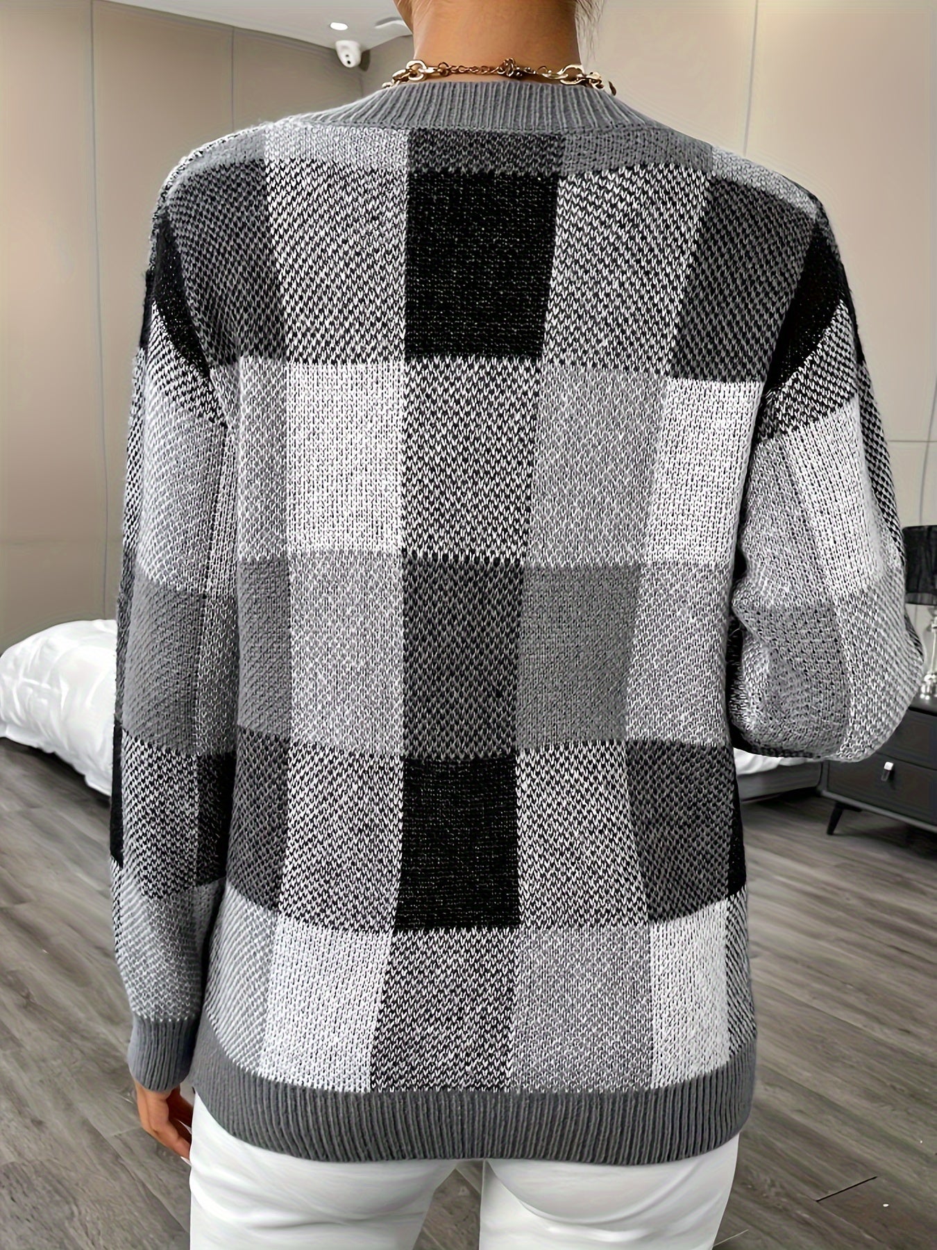 vlovelaw Plaid Crew Neck Pullover Sweater, Elegant Long Sleeve Fall Winter Sweater, Women's Clothing