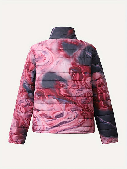 Vibrant Abstract Print Zip-Up Coat - Cotton-Padded Jacket Coat for Women, Long Sleeve, Warm, Winter Outerwear, Casual, Stylish, and Comfortable