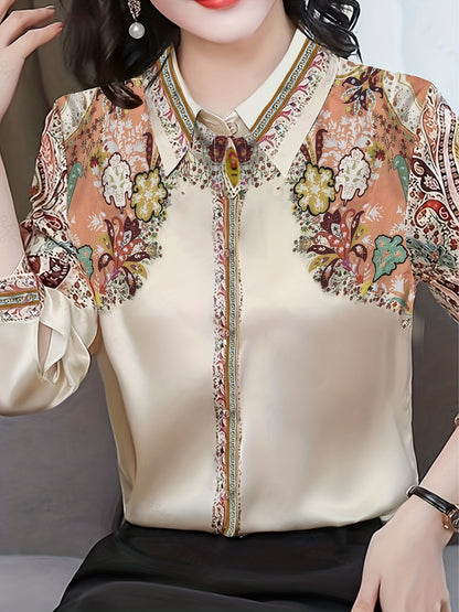 vlovelaw Floral Print Flat Collar Shirt, Vintage Long Sleeve Button Up Shirt For Spring & Fall, Women's Clothing