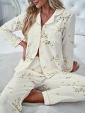 Womens Chiffon Floral Print Pajama Set - Long Sleeve Lapel Collar Top with Pocket, Elastic Waistband Pants for Comfortable Sleepwear & Loungewear - Soft, Breathable, Micro Elasticity, Woven, Random Printing for All Seasons