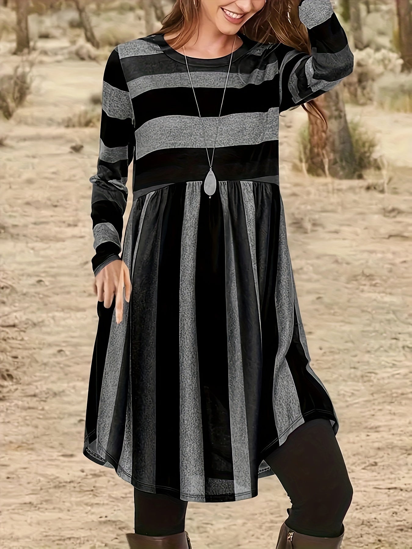 vlovelaw Plus Size Casual Dress, Women's Plus Colorblock Stripe Print Long Sleeve Round Neck Slight Stretch Dress