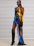 vlovelaw Tie Dye Print Asymmetrical Dress, Y2K Mock Neck Long Sleeve Dress, Women's Clothing