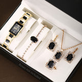 6 Pcs Black Square Rhinestone Quartz Watch Zinc Alloy Strap Zinc Alloy Pointer Zinc Alloy Case And Rhinestone Bracelet Necklace Earrings Ring Jewelry For Women