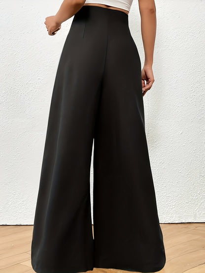 Plus Size Solid Pleated Wide Leg Pants, Casual High Waist Pants, Women's Plus Size Clothing