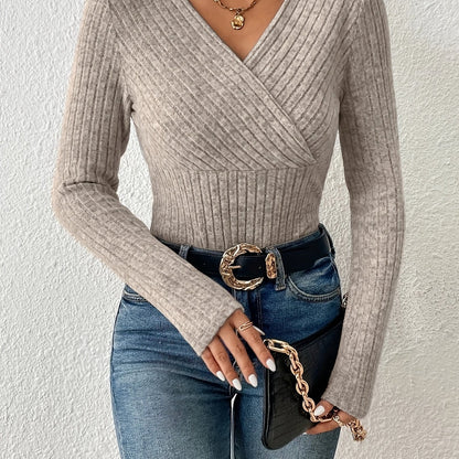 vlovelaw Ribbed Surplice Neck T-Shirt, Casual Long Sleeve Top For Spring & Fall, Women's Clothing