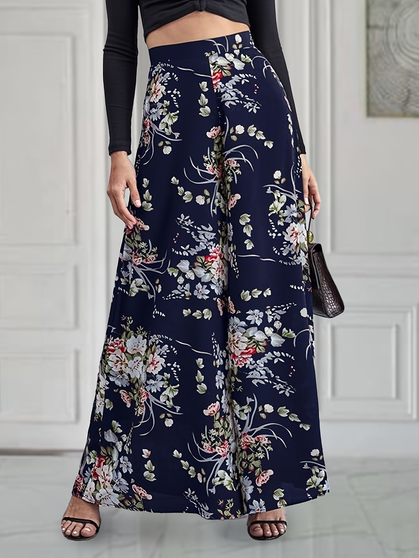 vlovelaw  Floral Print Wide Leg Pants, Elegant High Waist Flowy Pants, Women's Clothing