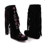 Embroidered Tassel Boots Brushed Velvet High Low Heel Leisure Boots Foreign Trade Boots  Wish