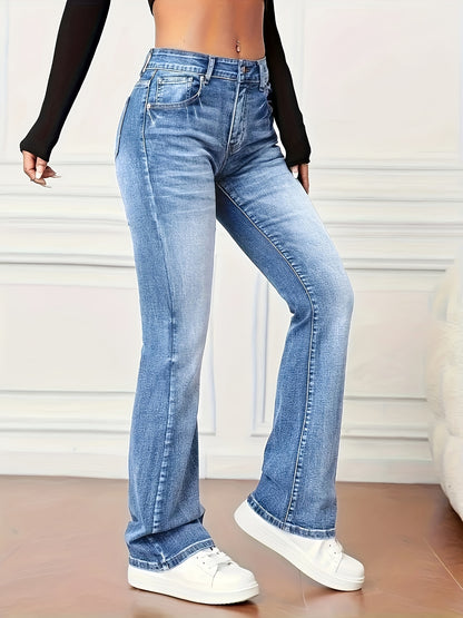 vlovelaw Washed Mid-Stretch Bootcut Jeans, Slant Pockets Versatile Denim Pants, Women's Denim Jeans & Clothing