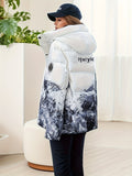 Mountain Printed Zipper Hooded Jacket, Casual Long Sleeve Winter Outerwear, Women's Clothing
