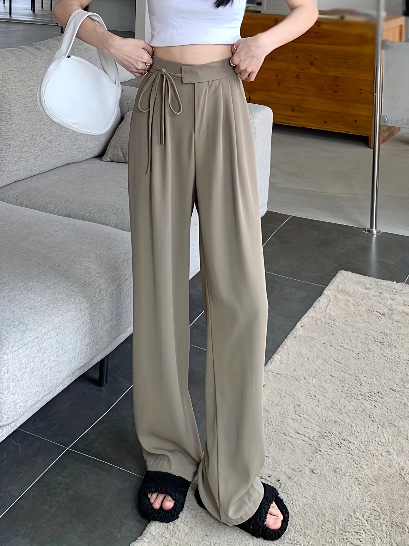 vlovelaw  Solid Draped Straight Leg Pants, Casual Tied High Waist Loose Pants, Women's Clothing