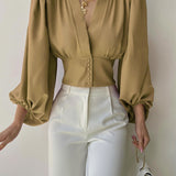 vlovelaw  Solid Button Front V-neck Slim Blouse, Elegant Lantern Sleeve Blouse For Spring & Fall, Women's Clothing