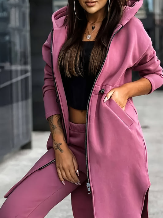 Solid Casual Two-piece Set, Zip Up Mid Length Hooded Tops & Long Length Jogger Pants Outfits, Women's Clothing