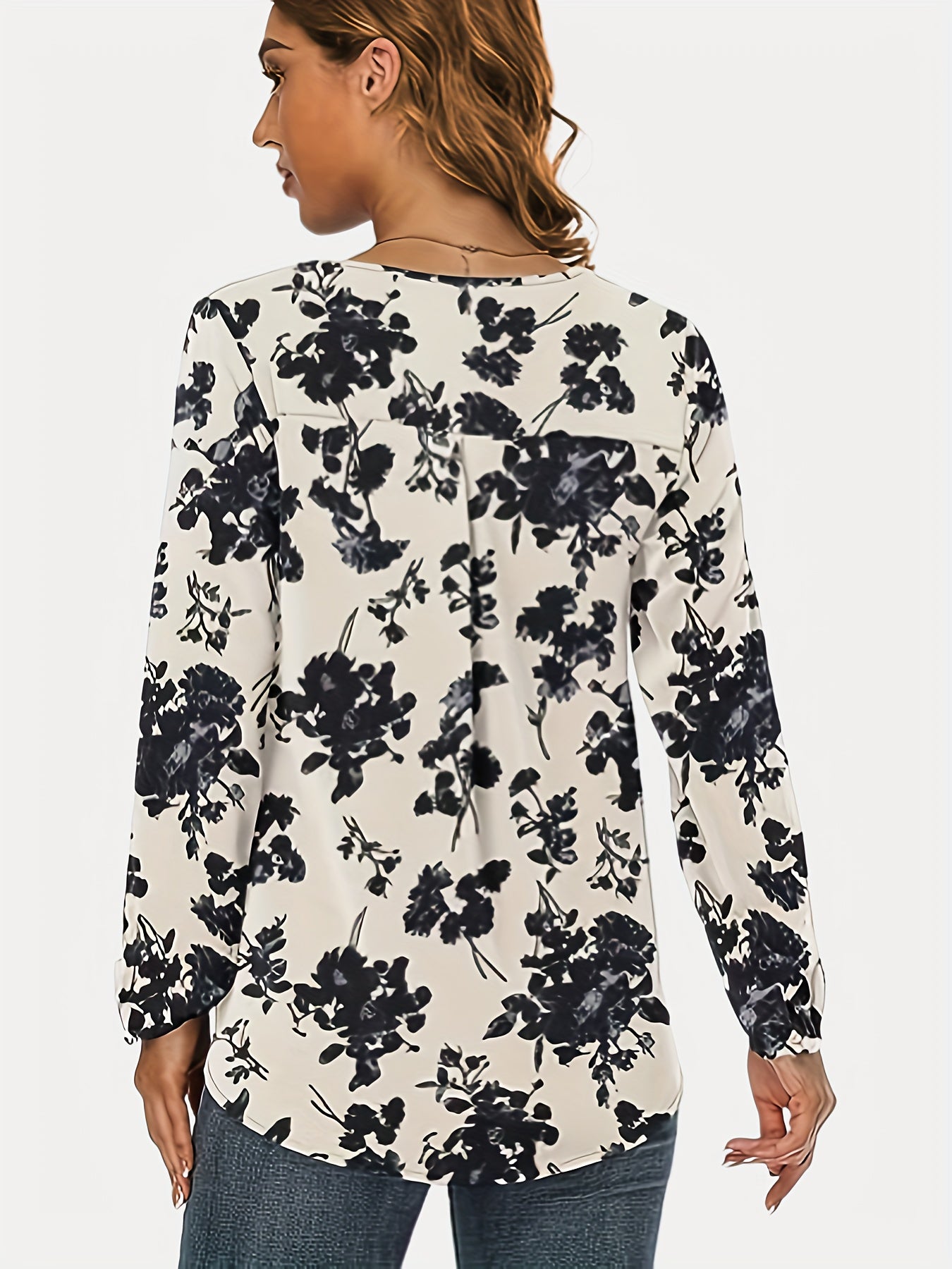 vlovelaw Floral Print V Neck Blouse, Casual Long Sleeve Blouse, Women's Clothing