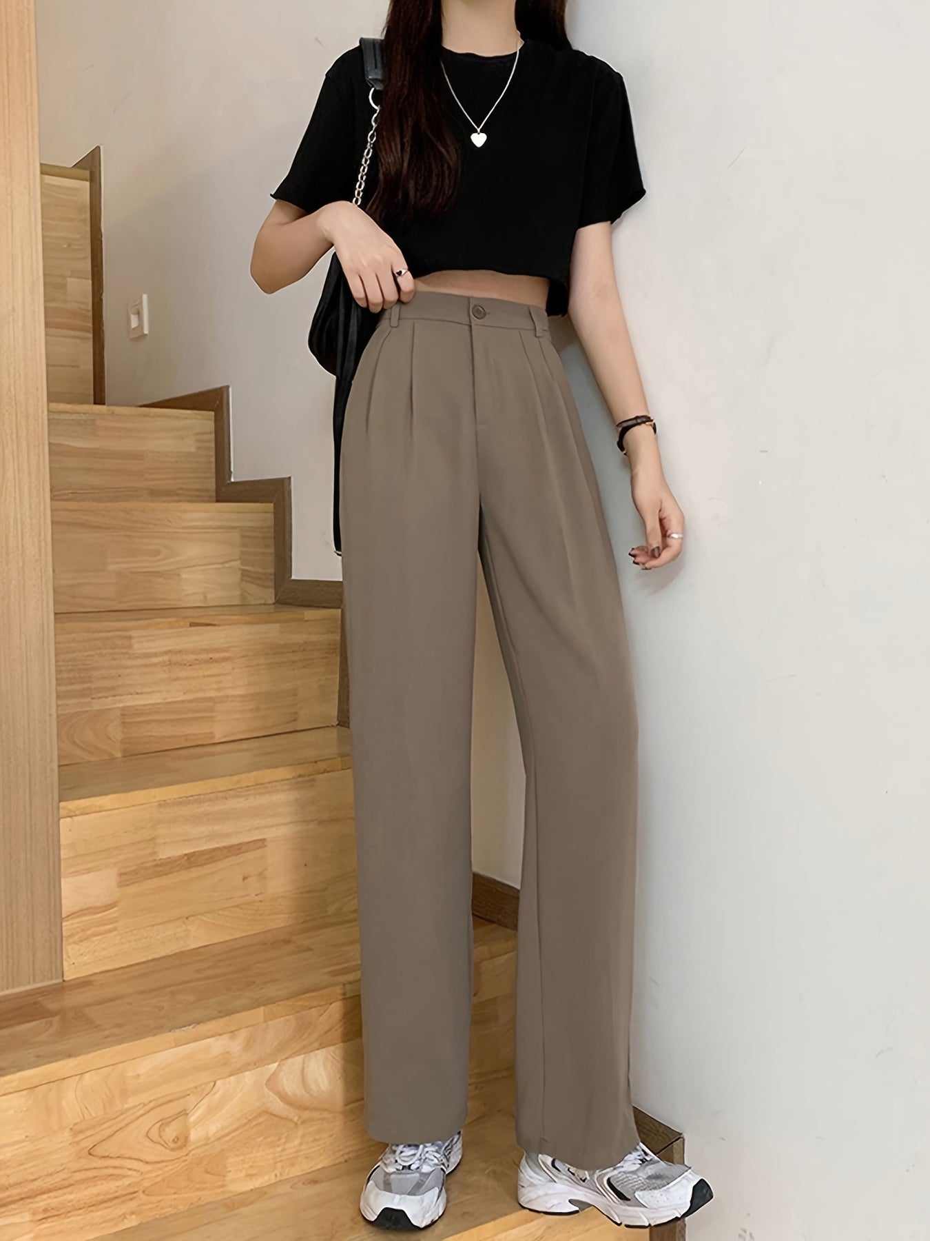 vlovelaw  Solid Draped Straight Leg Pants, Casual Button High Waist Pleated Pants, Women's Clothing