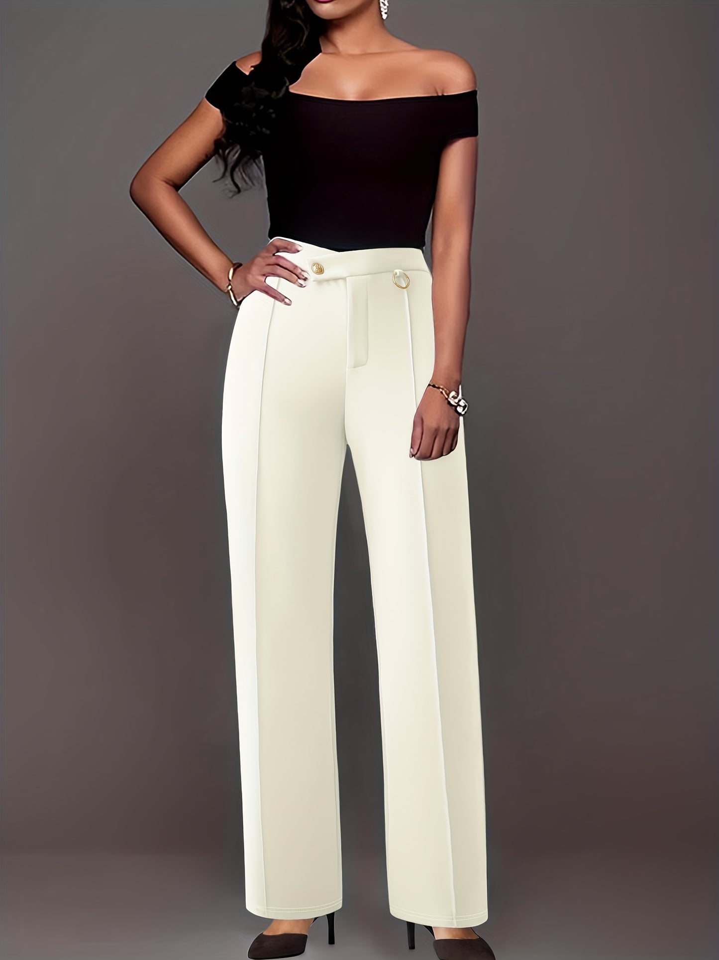 Solid Pintuck Straight Leg Pants, Casual Asymmetrical High Waist Pants, Women's Clothing