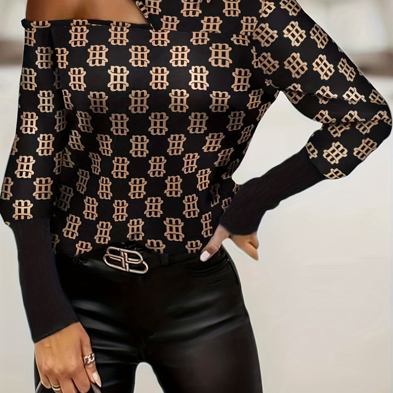 Allover Print Cut Out Blouse, Sexy Long Sleeve Mock Neck Blouse, Women's Clothing